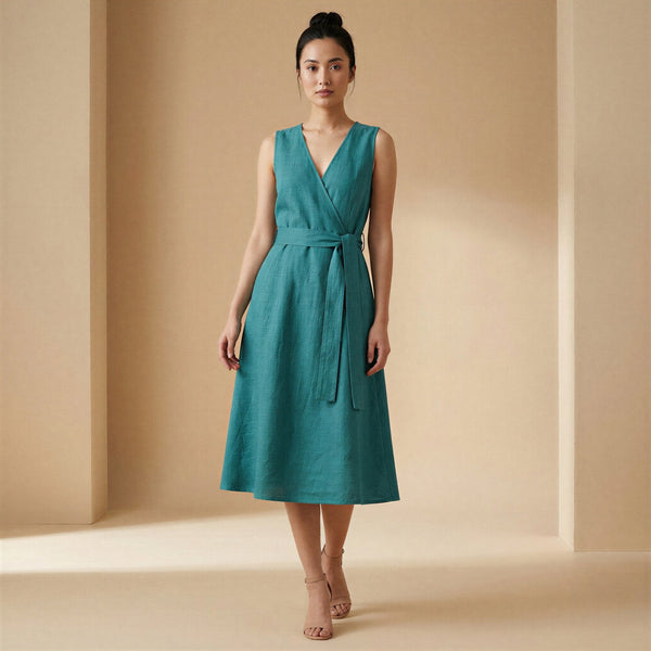 sleeveless dress Pine Green Cotton Linen Fit and Flare 62