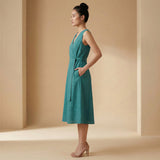 Pine Green Cotton Linen Fit and Flare Sleeveless Dress