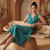 Pine Green Cotton Linen Fit and Flare Sleeveless Dress