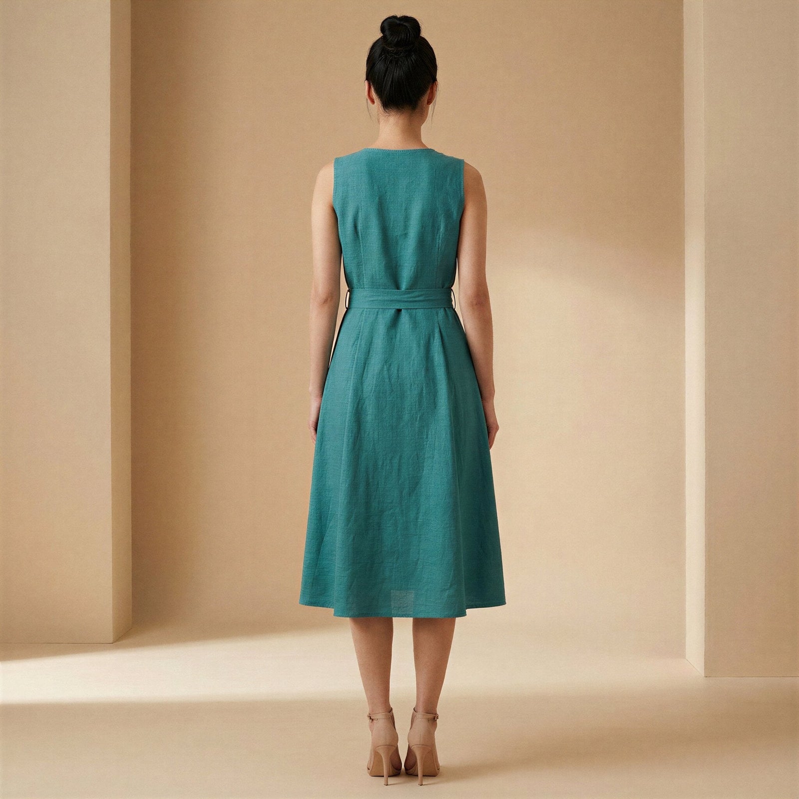 Pine Green Cotton Linen Fit and Flare Sleeveless Dress 62