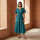 Pine Green Cotton Linen Flutter Sleeve Tie-Back Tiered Midi Dress