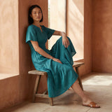 Pine Green Cotton Linen Flutter Sleeve Tie-Back Tiered Midi Dress