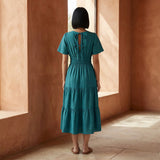 Pine Green Cotton Linen Flutter Sleeve Tie-Back Tiered Midi Dress