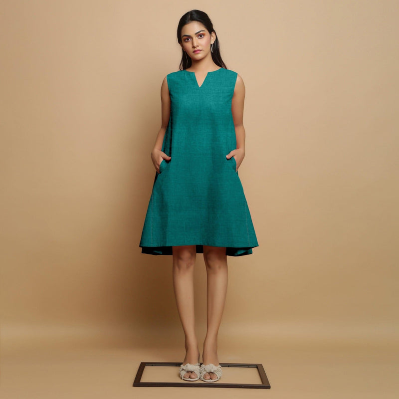 Pine Green Cotton Linen Hand Embroidered Knee-Length Godet Dress 56 Pine Green Cotton Linen Hand Embroidered Knee-Length Godet Dress 56