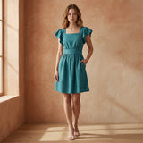 Pine Green Cotton Linen Open-Back Fit and Flare Knee Length Dress