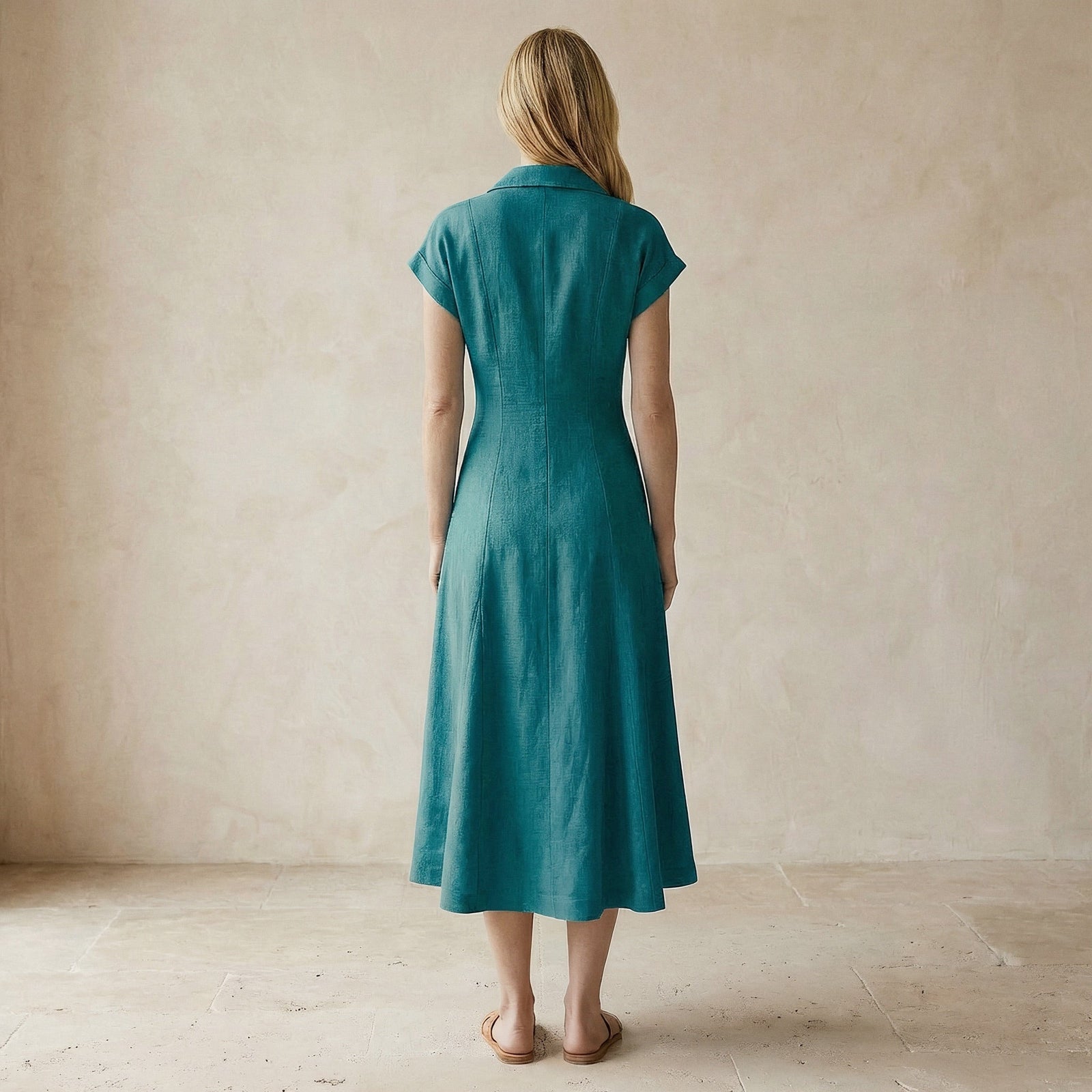 Pine Green Cotton Linen Paneled A-Line Midi Dress 70