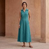 Pine Green Cotton Linen Paneled Sleeveless Maxi Dress