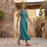 Pine Green Cotton Linen Paneled Sleeveless Maxi Dress