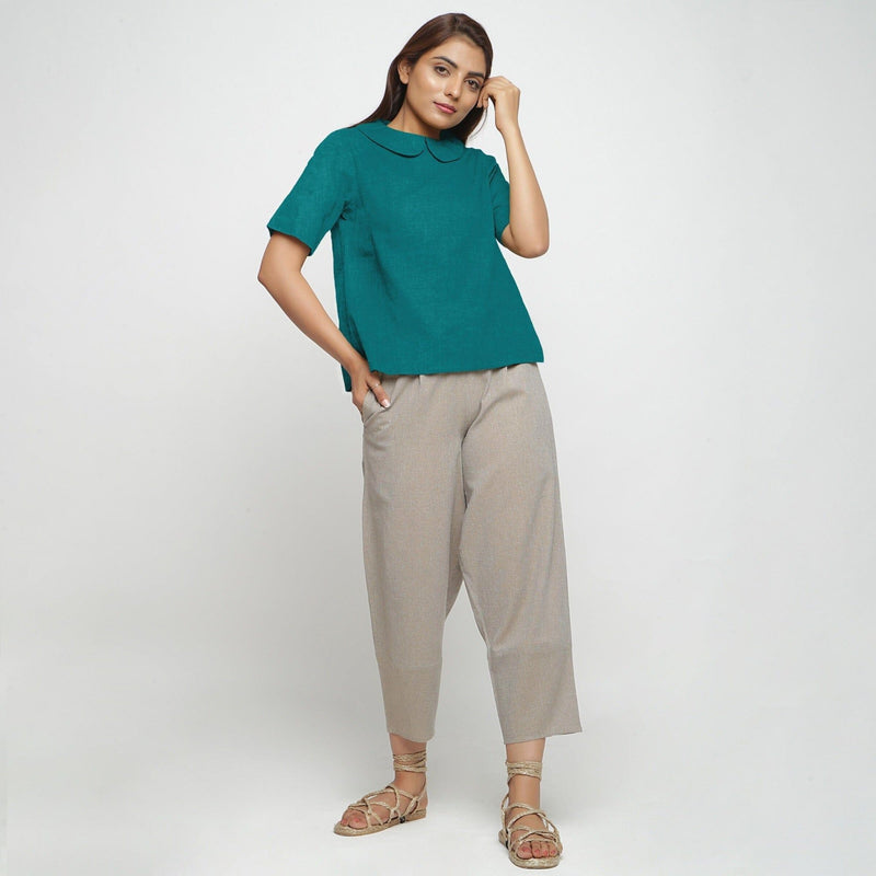 Pine Green Cotton Linen Peter Pan Collar Half Sleeve Top