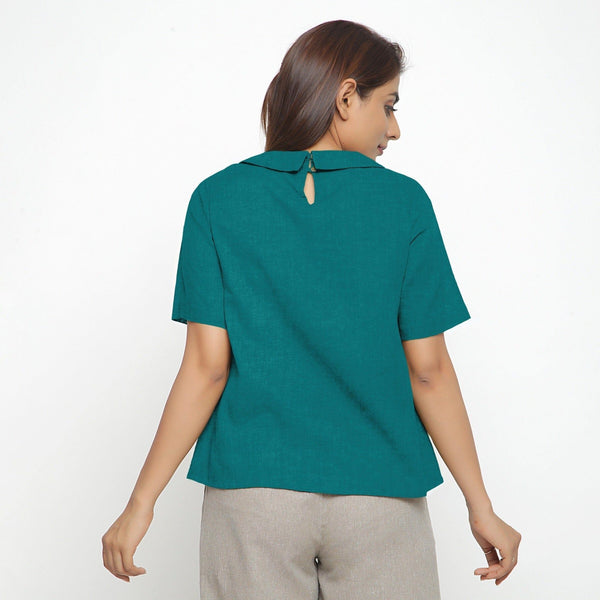 Pine Green Cotton Linen Peter Pan Collar Half Sleeve Top