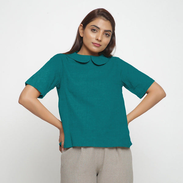 Pine Green Cotton Linen Peter Pan Collar Half Sleeve Top