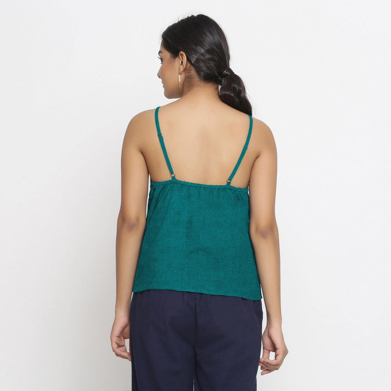 Pine Green Cotton Linen Relaxed Fit Spaghetti Top