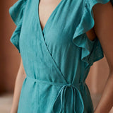 Pine Green Cotton Linen Ruffle Midi Wrap Dress