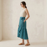 Pine Green Cotton Linen Ruffle Midi Wrap Skirt