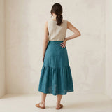 Pine Green Cotton Linen Ruffle Midi Wrap Skirt