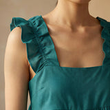 Pine Green Cotton Linen Ruffle-Strap Square Neck Peplum Top