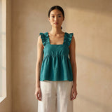 Pine Green Cotton Linen Ruffle-Strap Square Neck Peplum Top