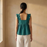Pine Green Cotton Linen Ruffle-Strap Square Neck Peplum Top