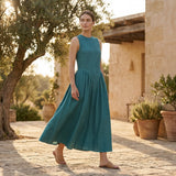 Pine Green Cotton Linen Sleeveless Paneled Maxi Dress