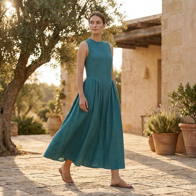 Buy Pine Green Cotton Linen Sleeveless Paneled Maxi Dress Online at SeamsFriendly