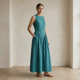 Pine Green Cotton Linen Sleeveless Paneled Maxi Dress