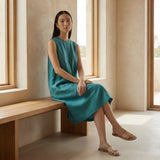 Pine Green Cotton Linen Sleeveless Paneled Swing Dress