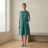 Pine Green Cotton Linen Sleeveless Paneled Swing Dress