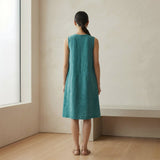 Pine Green Cotton Linen Sleeveless Paneled Swing Dress