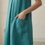 Pine Green Cotton Linen Sleeveless Paneled Swing Dress