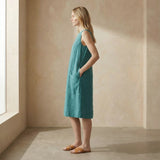 Pine Green Cotton Linen Sleeveless Paneled Swing Dress