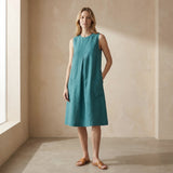 Pine Green Cotton Linen Sleeveless Paneled Swing Dress