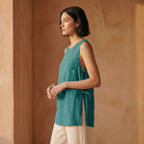 Pine Green Cotton Linen Sleeveless Side-Tie Long Top