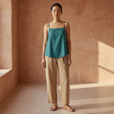 Pine Green Cotton-Linen Spaghetti Strap Top with Elastic Gathered Back