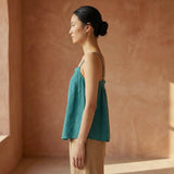 Pine Green Cotton-Linen Spaghetti Strap Top with Elastic Gathered Back