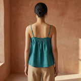 Pine Green Cotton-Linen Spaghetti Strap Top with Elastic Gathered Back