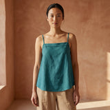 Pine Green Cotton-Linen Spaghetti Strap Top with Elastic Gathered Back