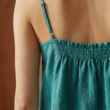 Pine Green Cotton-Linen Spaghetti Strap Top with Elastic Gathered Back