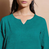 Pine Green Cotton Linen Split-Neck Tunic Top