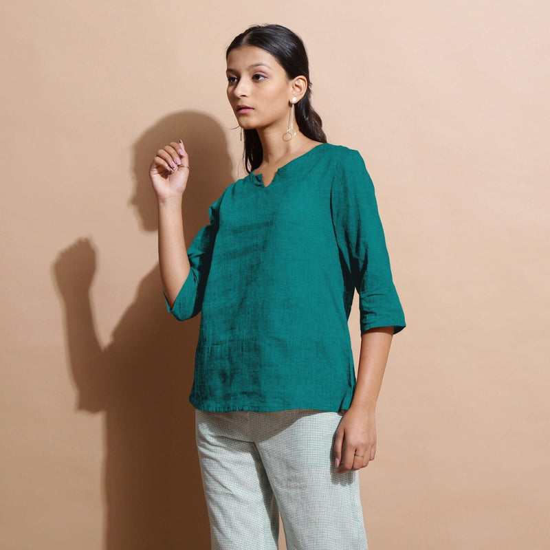 Pine Green Cotton Linen Split-Neck Tunic Top