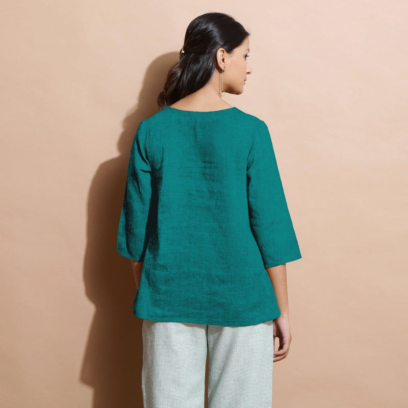 Pine Green Cotton Linen Split-Neck Tunic Top