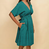 Pine Green Cotton Linen V-Neck Knee Length Blouson Dress