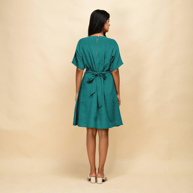 Pine Green Cotton Linen V-Neck Knee Length Blouson Dress 38" / Custom Height (Free) Pine Green Cotton Linen V-Neck Knee Length Blouson Dress 38" / Custom Height (Free)
