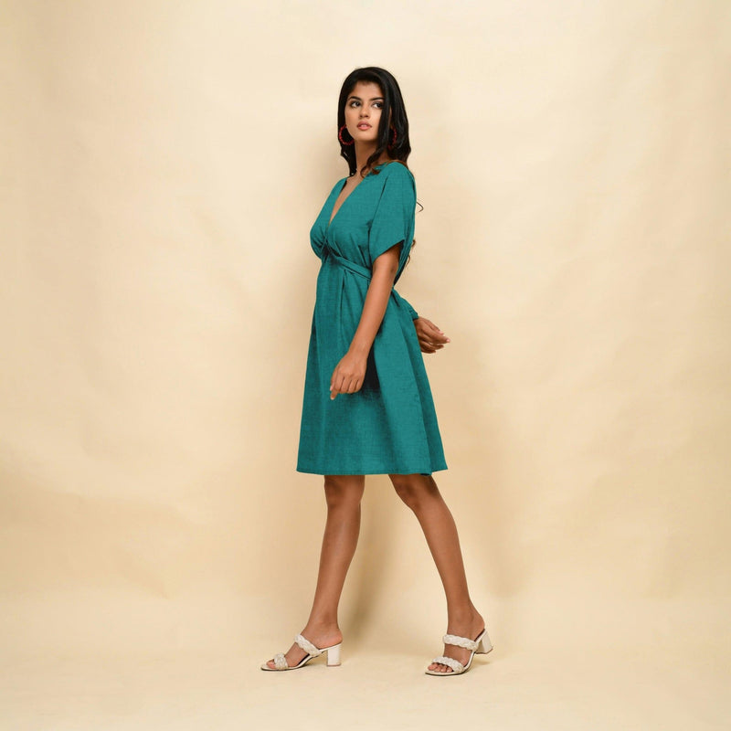 Pine Green Cotton Linen V-Neck Knee Length Blouson Dress 38" / Custom Height (Free) Pine Green Cotton Linen V-Neck Knee Length Blouson Dress 38" / Custom Height (Free)