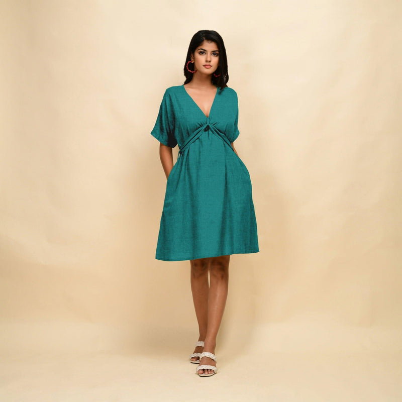 Pine Green Cotton Linen V-Neck Knee Length Blouson Dress 50" / Petite (5'1" and below) Pine Green Cotton Linen V-Neck Knee Length Blouson Dress 50" / Petite (5'1" and below)