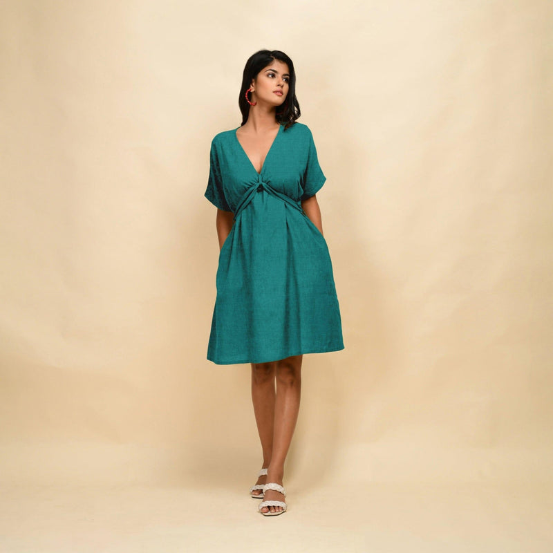 Buy Pine Green Cotton Linen V-Neck Knee Length Blouson Dress