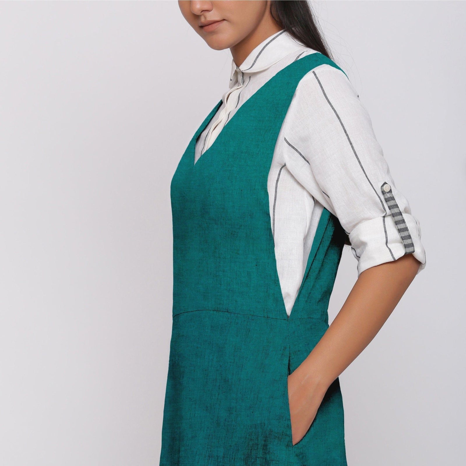 Pine Green Cotton Linen V-Neck Midi Pinafore Dress 46