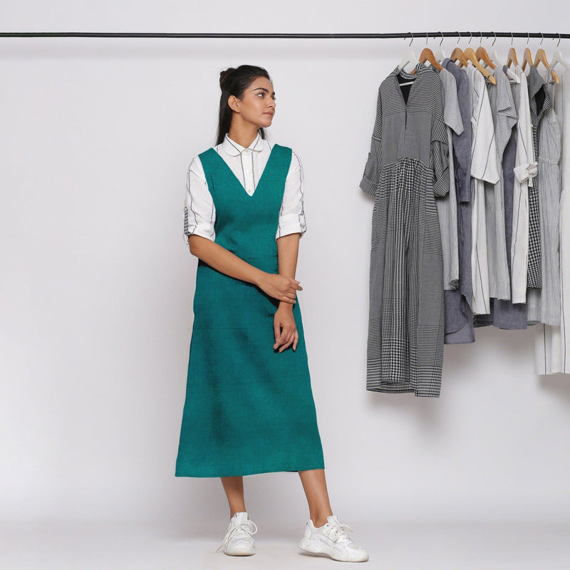Pine Green Cotton Linen V-Neck Midi Pinafore Dress 54" / Custom Height (Free) Pine Green Cotton Linen V-Neck Midi Pinafore Dress 54" / Custom Height (Free)