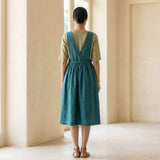 Pine Green Cotton-Linen V-Neck Pinafore Midi Wrap Dress