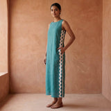 Pine Green Cotton Linen Wavy Stripe Maxi Shift Dress