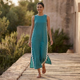 Pine Green Cotton Linen Wavy Stripe Maxi Shift Dress